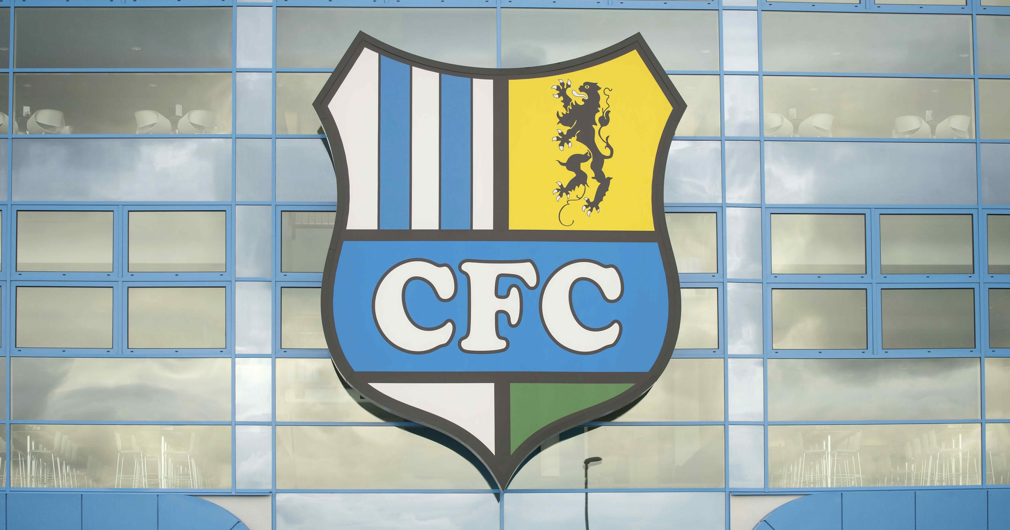 This Tuesday Aug. 2, 2016 file photo shows the logo of the Chemnitz FC soccer club at a stadium in Chemnitz, Germany.