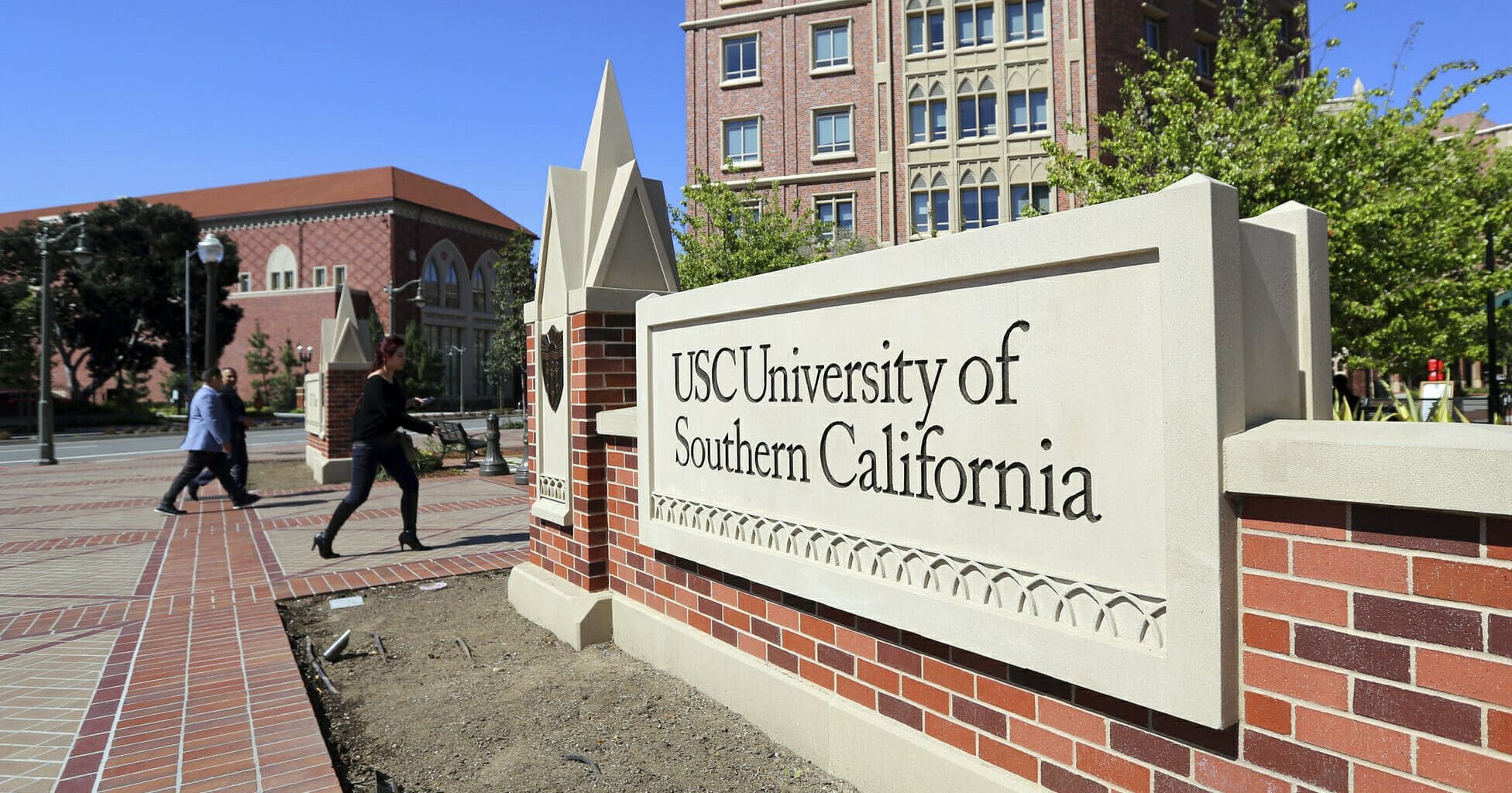 This March 12, 2019 file photo shows the University Village area of the University of Southern California in Los Angeles.