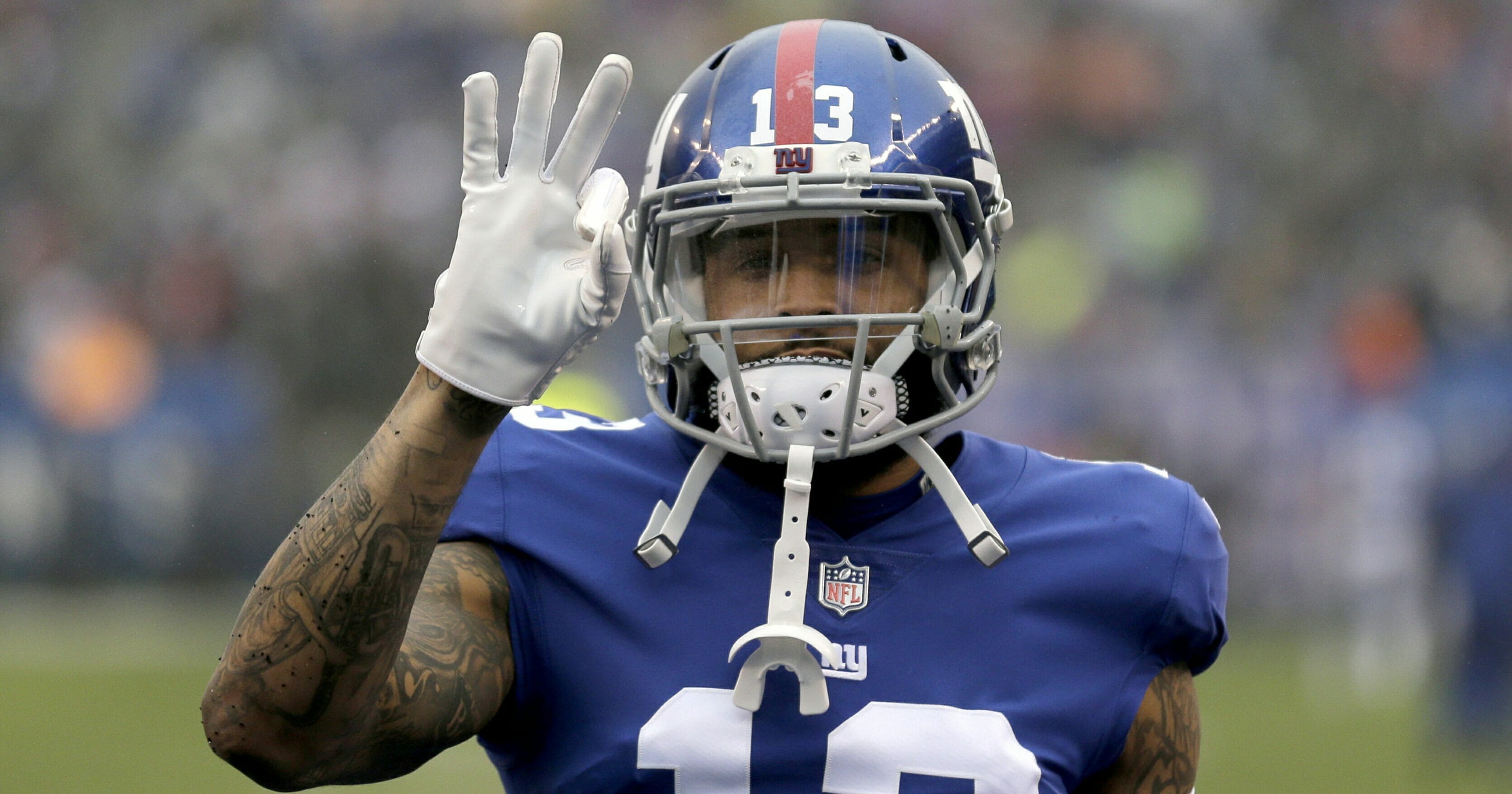 Wide receiver Odell Beckham Jr. gestures prior to the New York Giants' Dec. 2, 2018, game against the Chicago Bears.