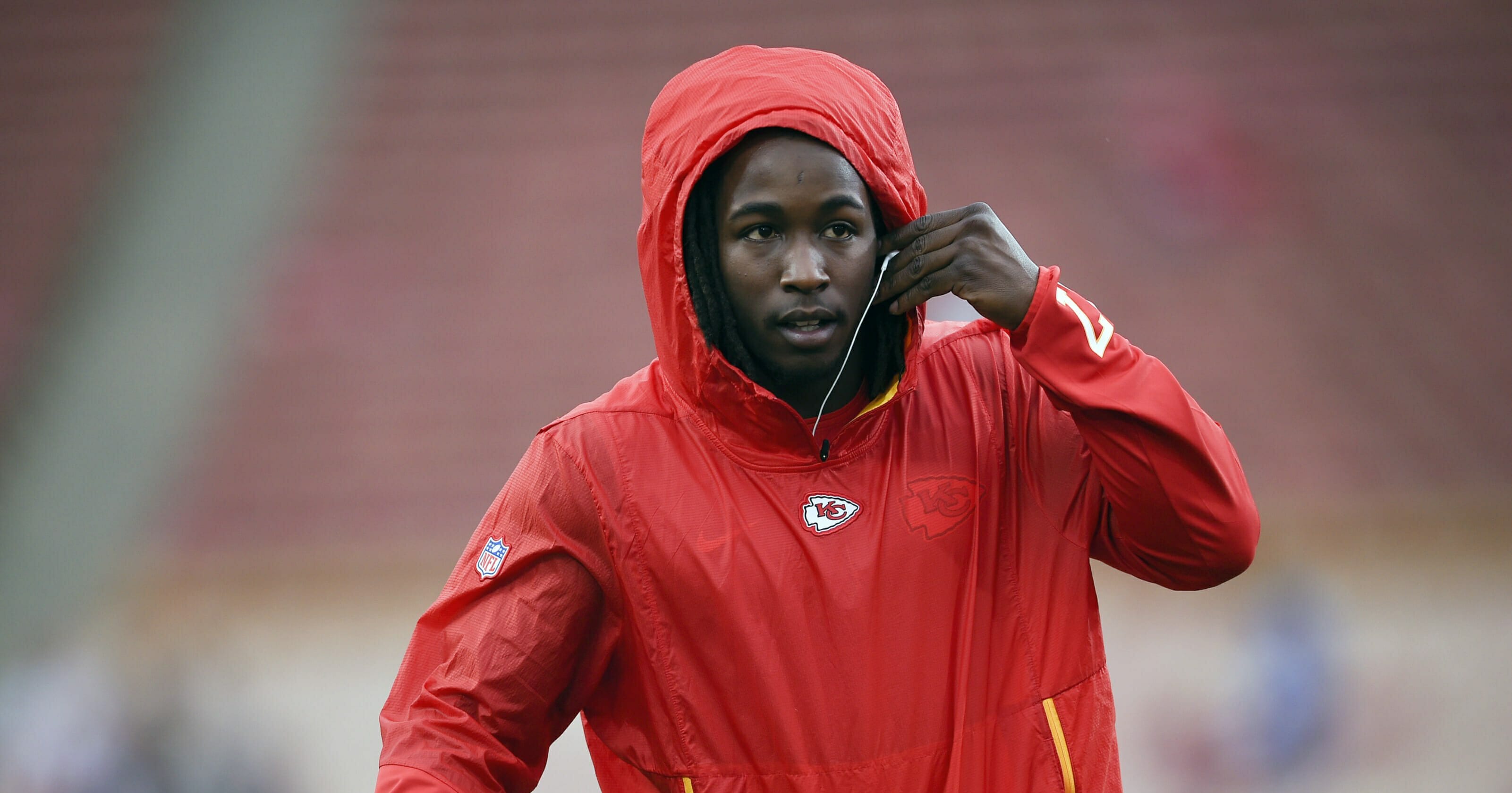 In this Nov. 19, 2018, file photo, Kansas City Chiefs running back Kareem Hunt warms up before an NFL football game against the Los Angeles Rams, in Los Angeles.