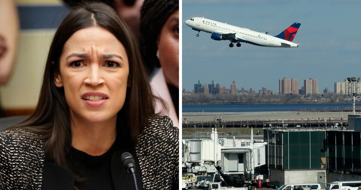 Alexandra Ocasio-Cortez; airplane takes off from LaGuardia Airport
