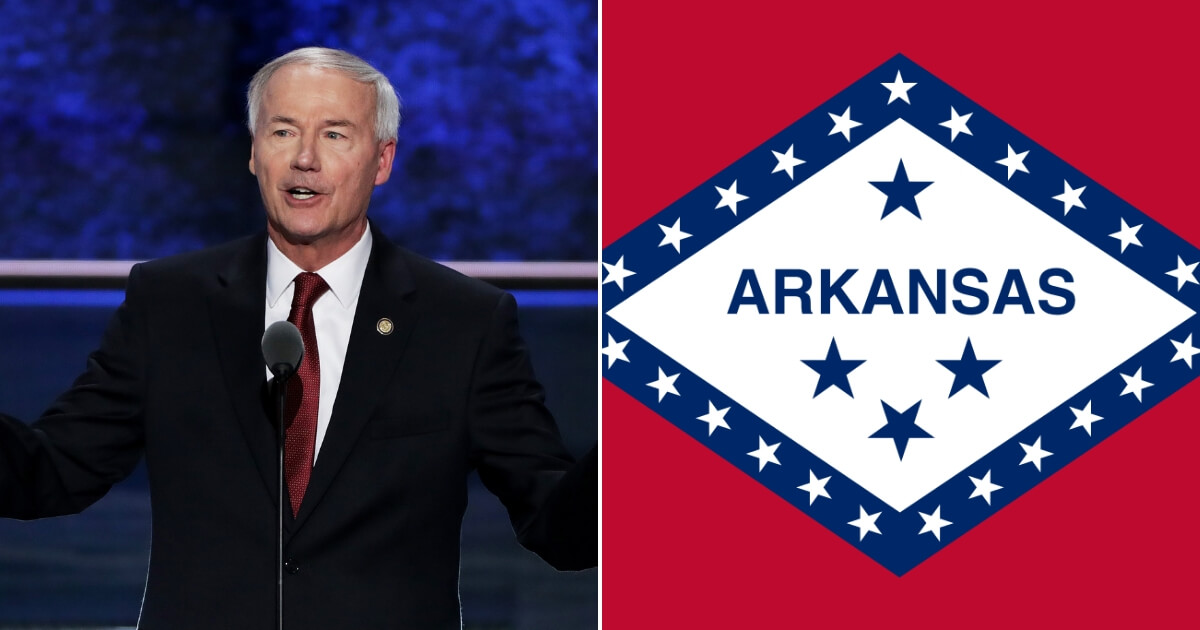 Gov. Asa Hutchinson delivers a speech at the RNC, left. The Arkansas flag, right.