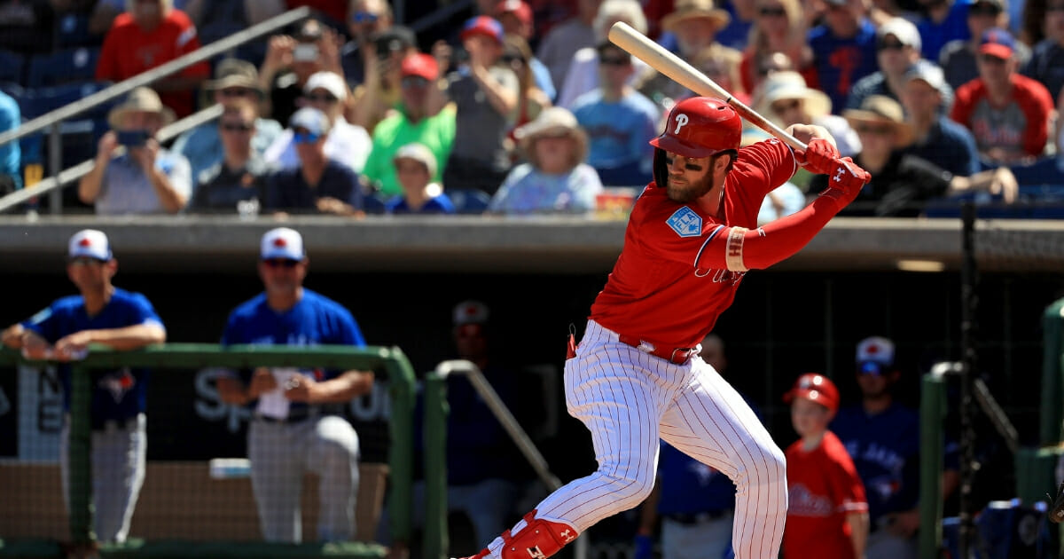 Bryce Harpe of the Philadelphia Phillies hits in the first inning during a game against the Toronto Blue Jays on Mar. 09, 2019 in Clearwater, Florida.