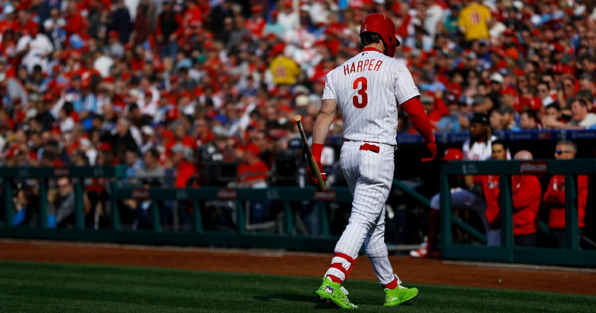 Bryce Harper was booed after going 0 for 3 and striking out twice in his first game with the Philadelphia Phillies on March 28, 2019, against the Atlanta Braves.