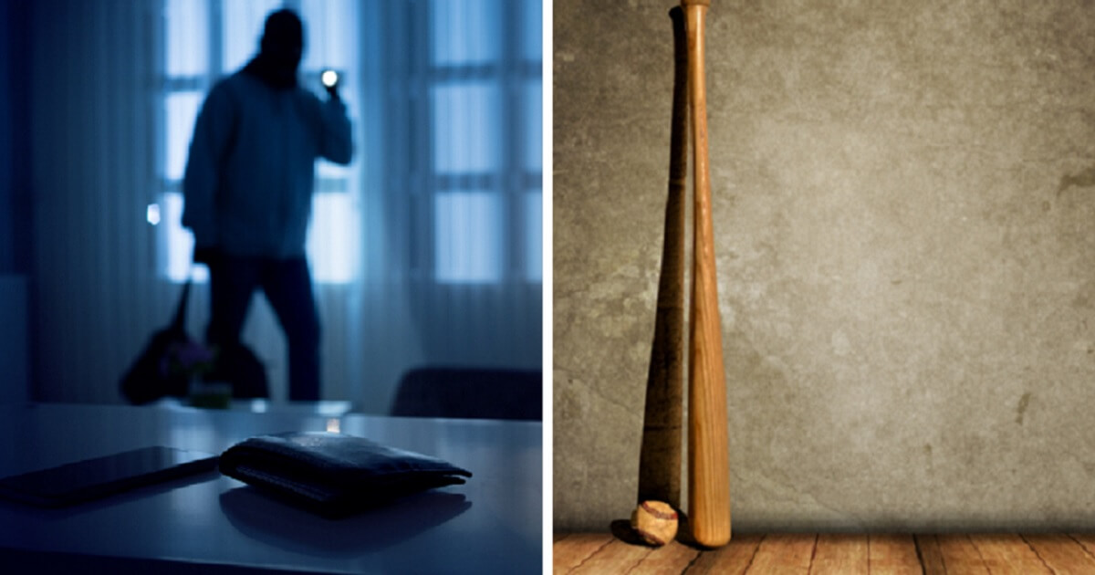 A generic burglary picture, left; a basball bat leaned against a wall, right.