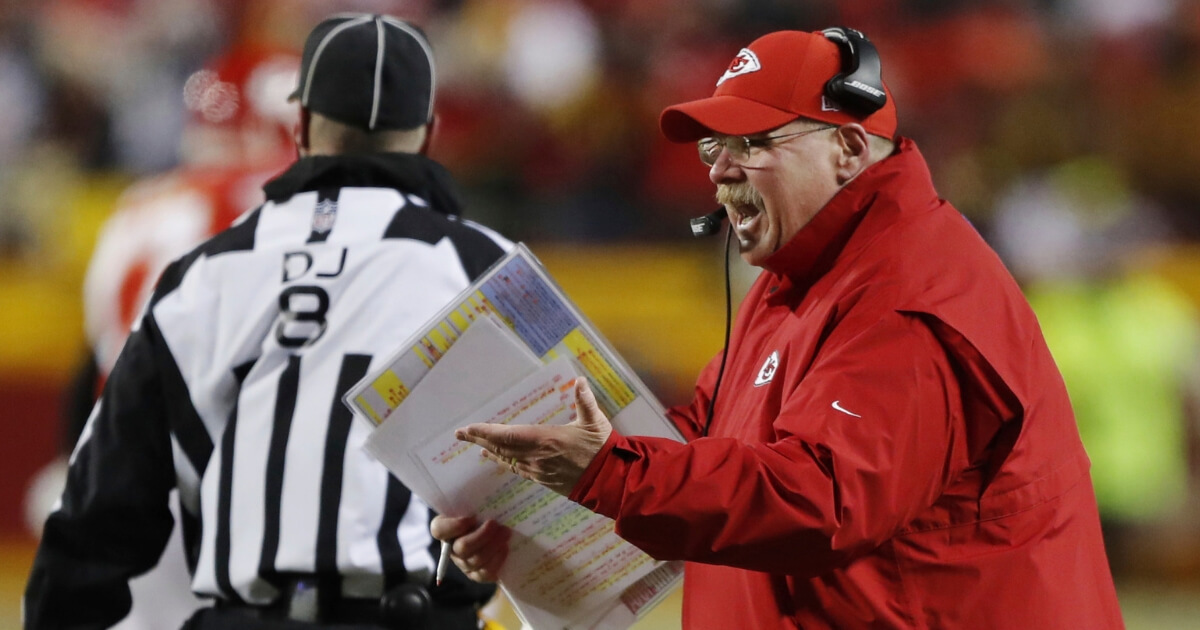 Kansas City Chiefs head coach Andy Reid argues a call during the AFC championship game against the New England Patriots on Jan. 20, 2019, at Arrowhead Stadium.