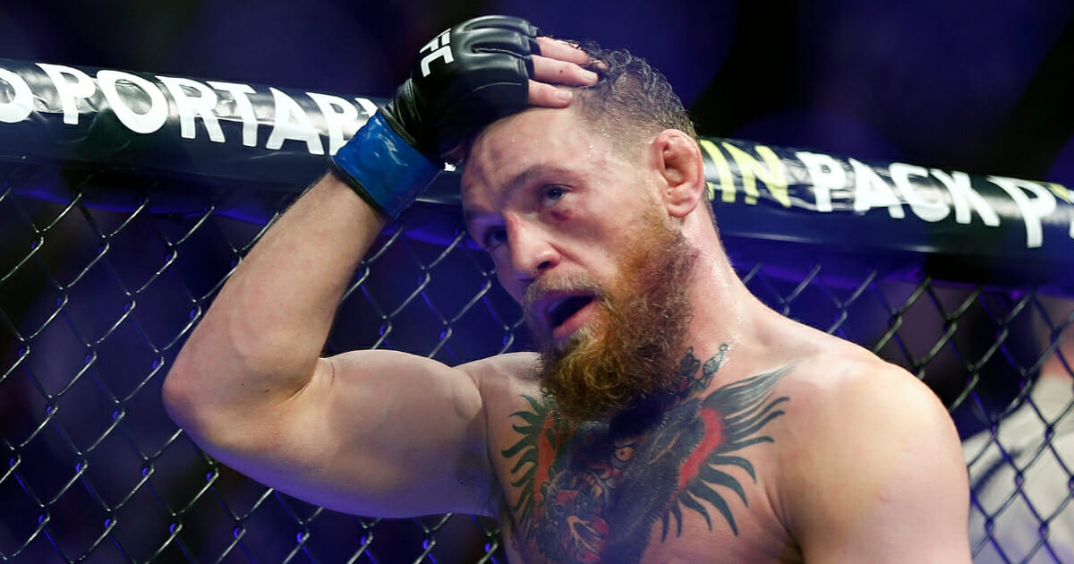 Conor McGregor reacts after losing to Khabib Nurmagomedov at UFC 22
