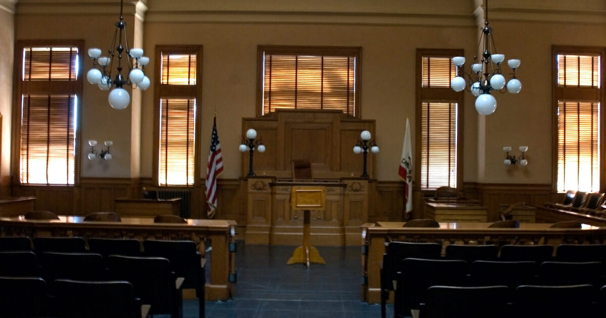 The interior of a courtroom.