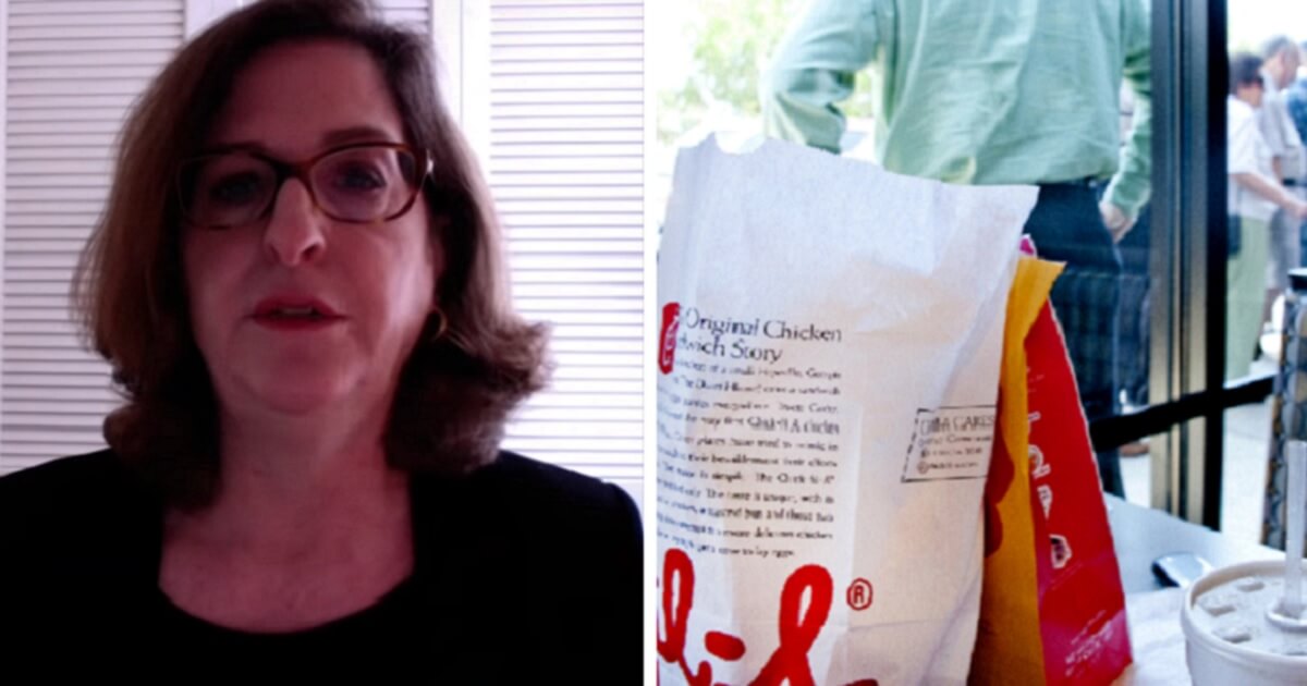 Cynthia Nixon, left, next to an image of a meal at Chick-fil-A.
