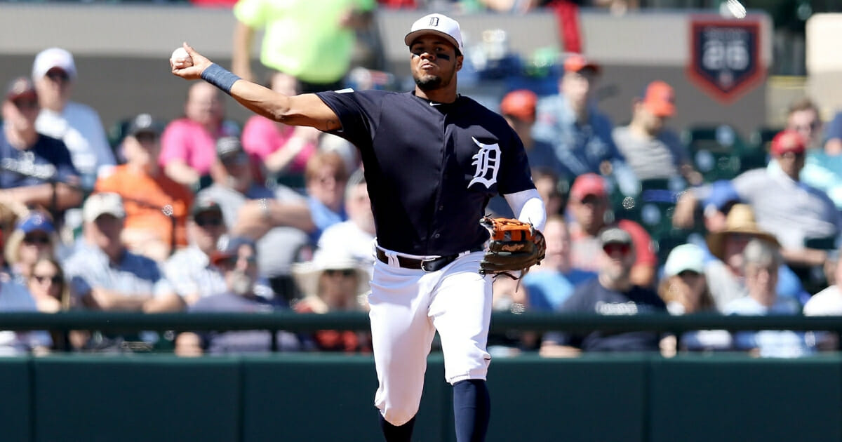 Detroit Tigers throws to first base against the Philadelphia Phillies during the Grapefruit League spring training game at Joker Marchant Stadium on March 7, 2019, in Lakeland, Florida.