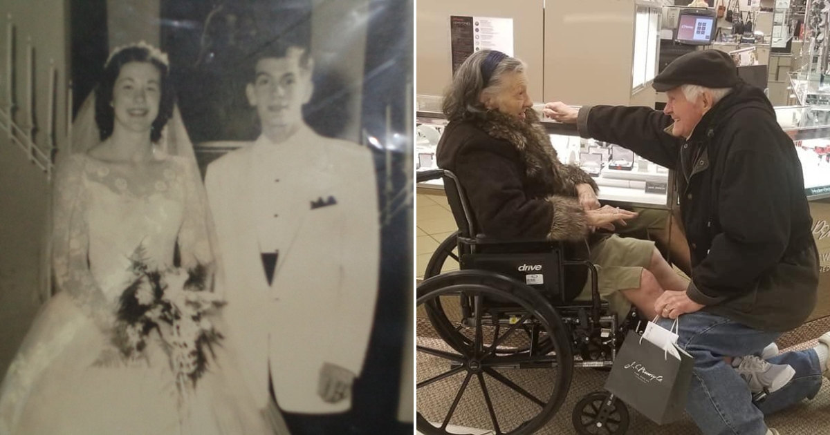 A wedding photo of a couple, right, and them 65 years later when Karl proposes again.