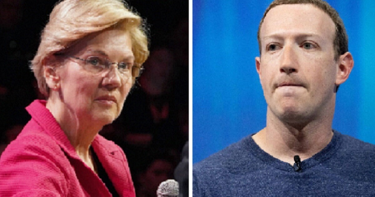 Sen. Elizabeth Warren, left; and Facebook CEO Mark Zuckerberg, right.