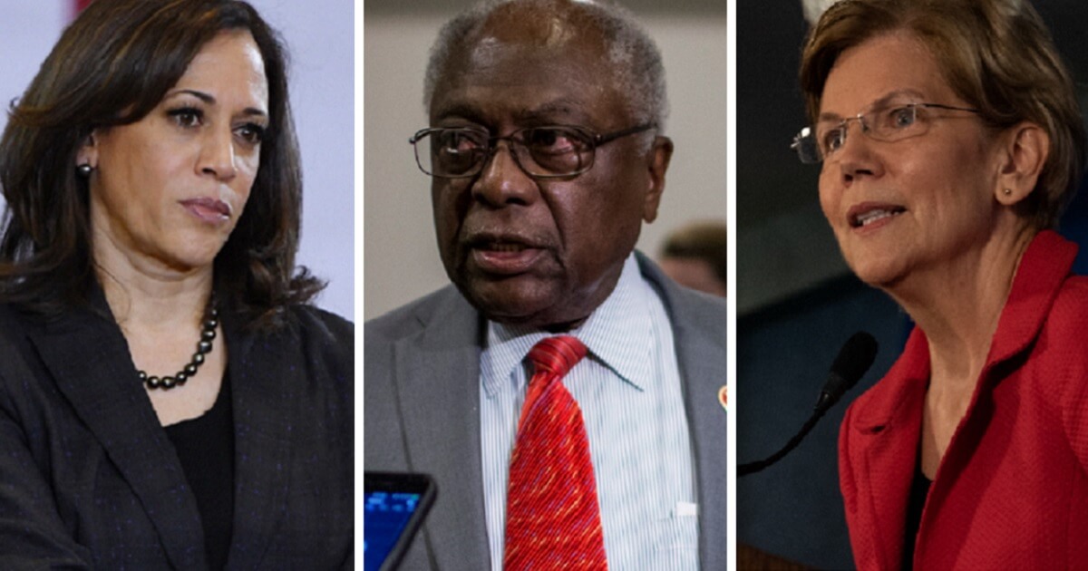 Sen. Kamala Harris, left; Rep. James Clyburn, center; and Sen. Elizabeth Warren, right.
