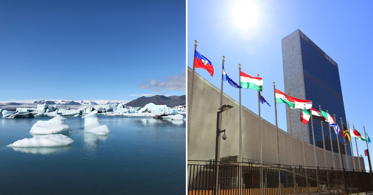 An iceberg and the United Nations building