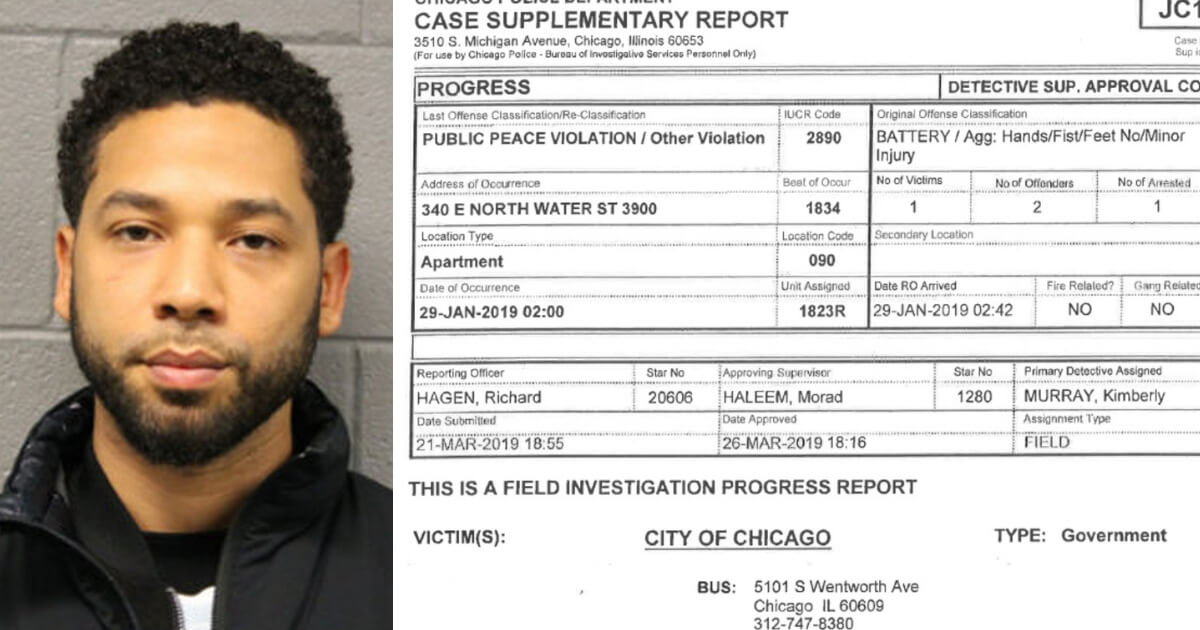 The Chicago Police Department mugshot of actor Jussie Smollett alongside a screen shot of the police report.