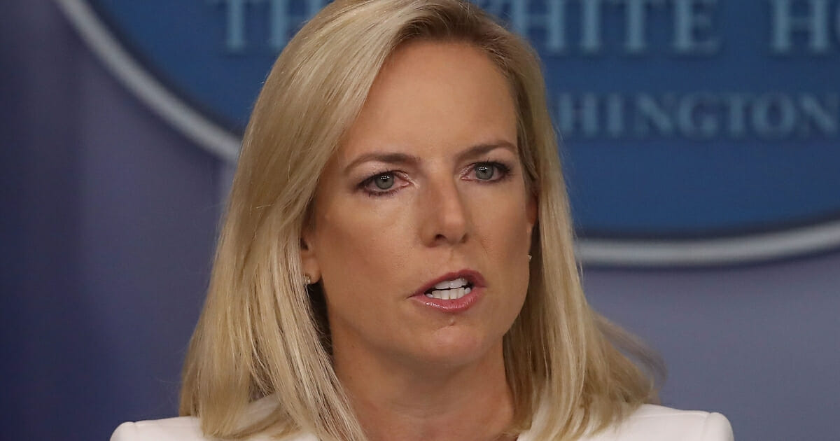 Secretary of Homeland Security Kirstjen Nielsen, briefs the media on election interference, at the White House, on Aug. 2, 2018, in Washington, D.C.