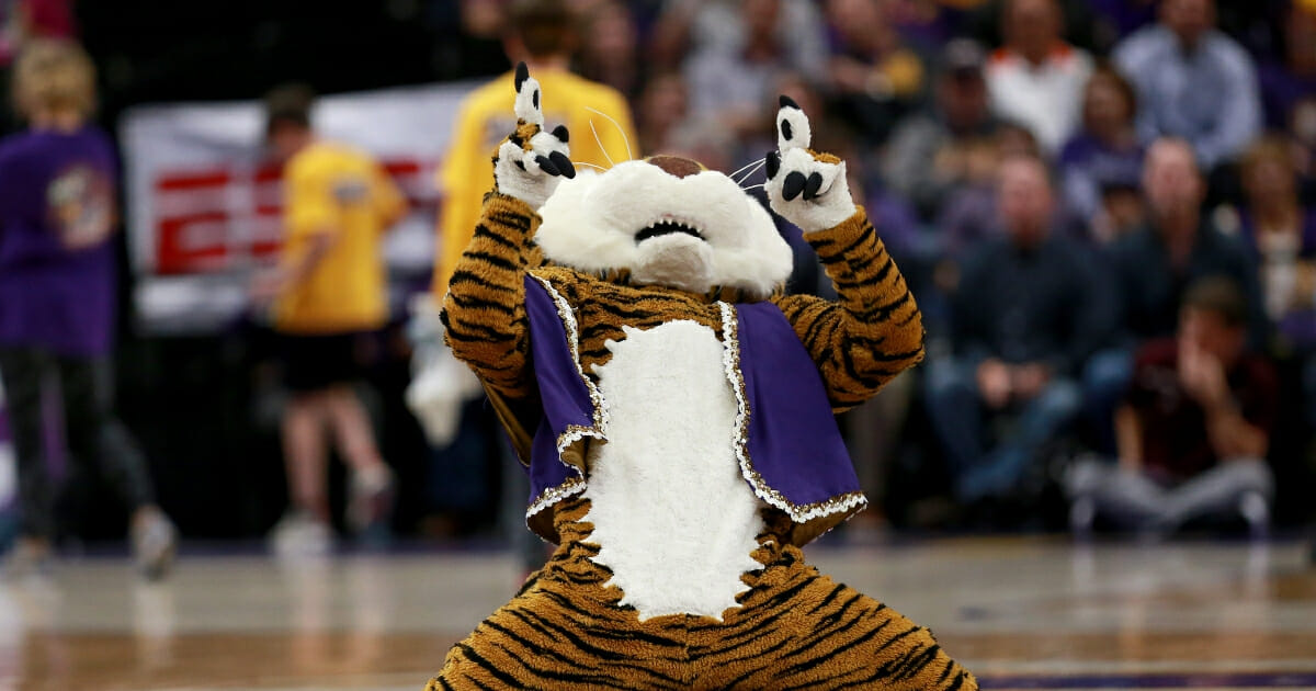 LSU Tigers mascot Mike the Tiger performs during a game against the Texas A&M Aggies at Pete Maravich Assembly Center on Feb. 26, 2019 in Baton Rouge, LA.