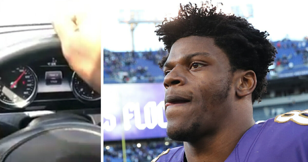Baltimore Ravens quarterback Lamar Jackson, right, posted video, left, in which he apparently drove 105 mph without a seat belt, according to TMZ.