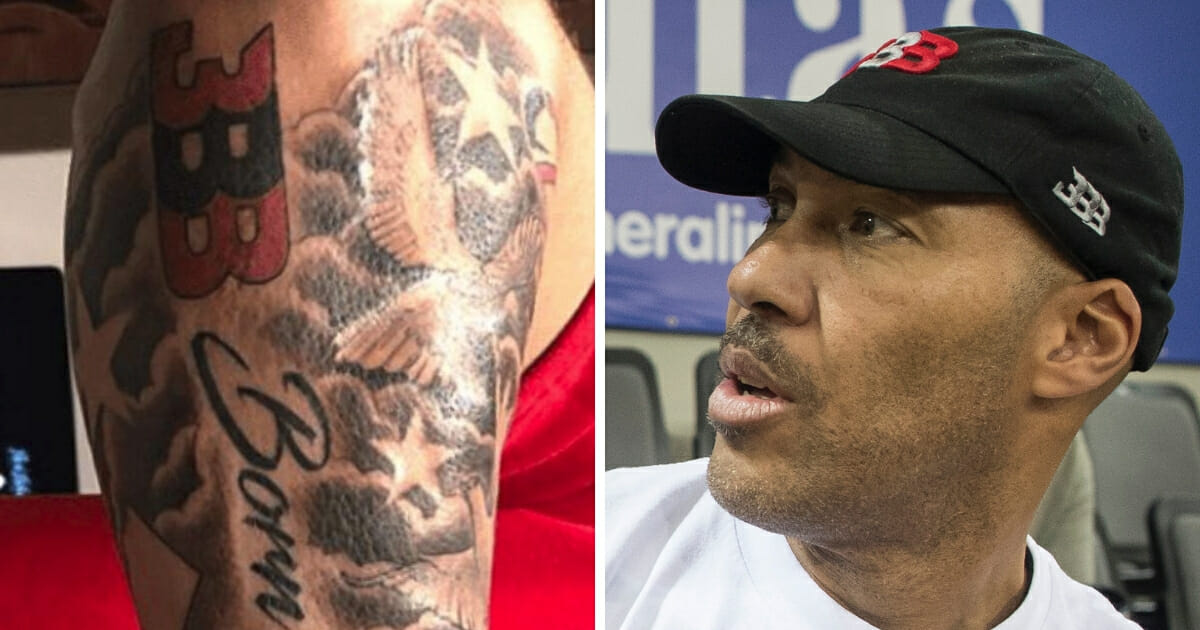 Lonzo Ball's tattoo, left, featuring the logo of Big Baller Brand, the shoe and apparel company created by his father, LaVar Ball, right.