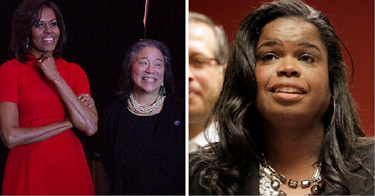 Former first lady Michelle Obama is pictured with her aide and one-time chief if of staff Tina Tchen, left. Kim Foxx, Cook County, Illinois, state's attorney, is on the right.