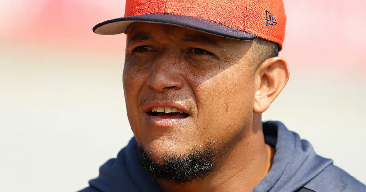 Miguel Cabrera of the Detroit Tigers looks on prior to a Grapefruit League spring training game against the St. Louis Cardinals at Roger Dean Stadium in Jupiter, Florida, on Feb. 25, 2019.