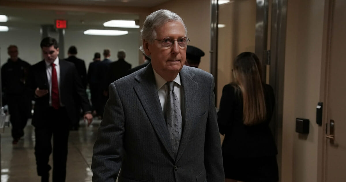 Senate Majority Leader Sen. Mitch McConnell leaves after a closed door briefing by Central Intelligence Agency Director Gina Haspel to members of Senate Foreign Relations Committee and Senate Armed Services Committee Dec. 4, 2018, on Capitol Hill in Washington, D.C.
