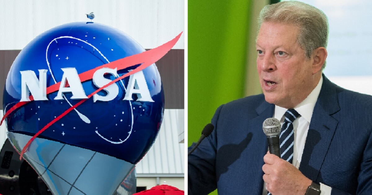A statue of NASA's logo, left; and former Vice President Al Gore, right.