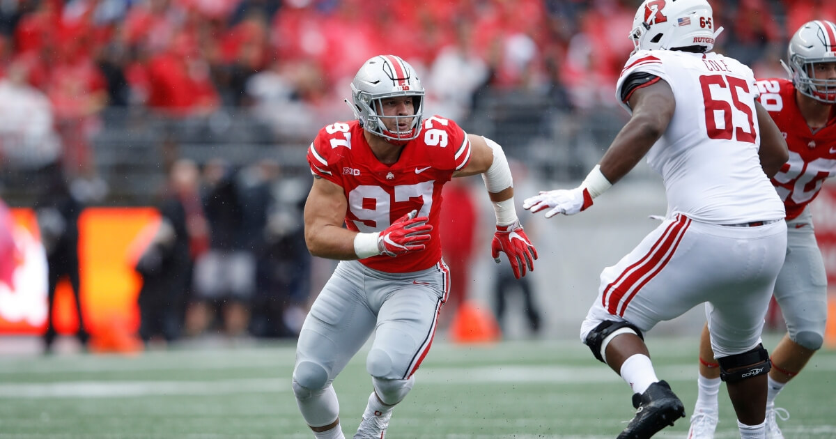 Nick Bosa of the Ohio State Buckeyes in action during the game against the Rutgers Scarlet Knights at Ohio Stadium on Sept. 8, 2018 in Columbus, Ohio.