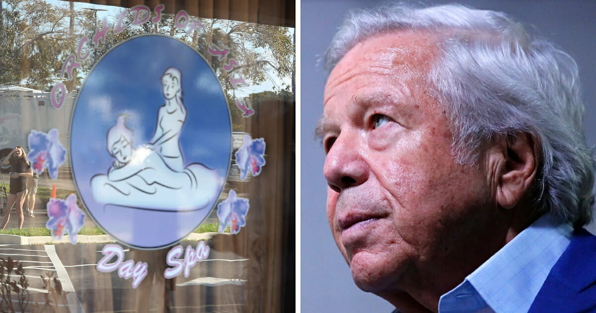 New England Patriots owner Robert Kraft, right, is charged with soliciting prostitution at the Orchids of Asia Day Spa in Jupiter, Florida