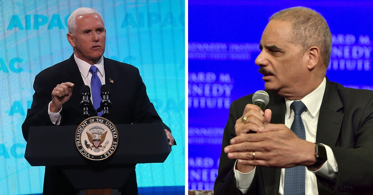 Vice President Mike Pence, left, speaks at the annual American Israel Public Affairs Committee conference on March 25, 2019 in Washington, DC. Former United States Attorney General Eric Holder, right, speaks at the Edward M. Kennedy Institute for the United States Senate on May 30, 2018 in Boston.