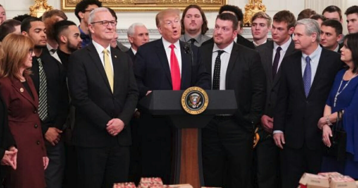 President Trump treats the North Dakota State Bison football team, the 2018 FCS champions, to Chick-fil-A sandwiches and Big Macs at the White House.