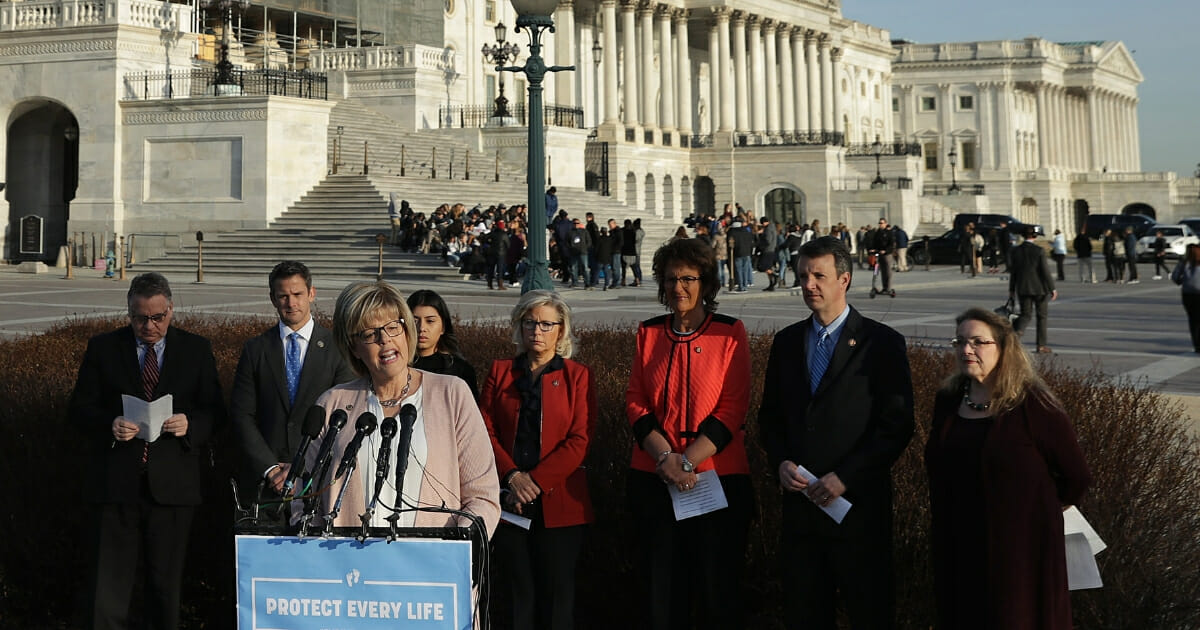 Republican lawmakers gather outside the U.S. Capitol on March 13, 2019 for a news conference on the Born-Alive Abortion Survivors Protection Act.
