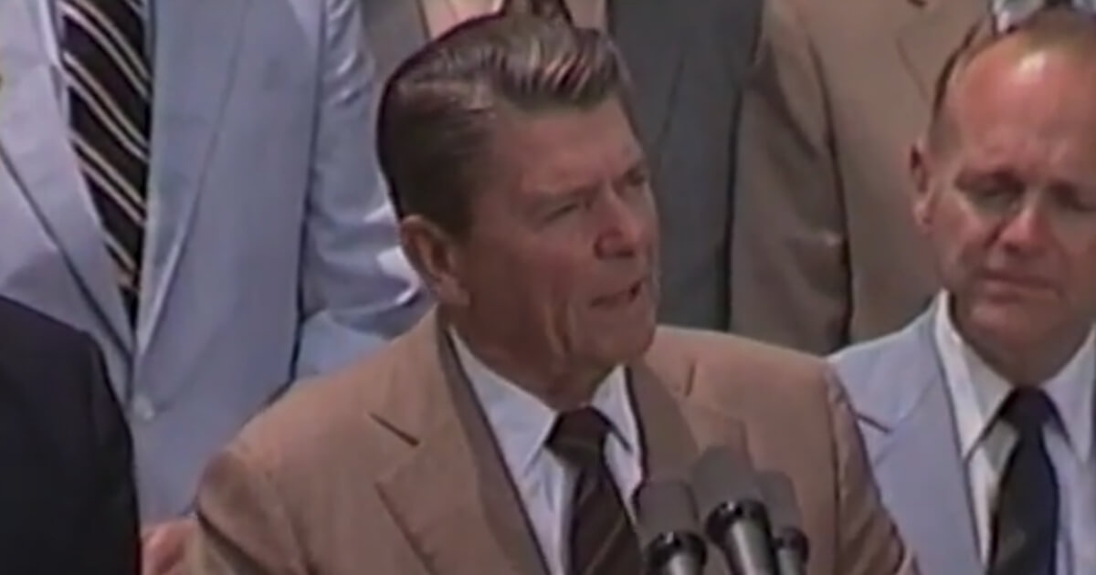 President Ronald Reagan discusses the budget in the White House Rose Garden on July 12, 1982.