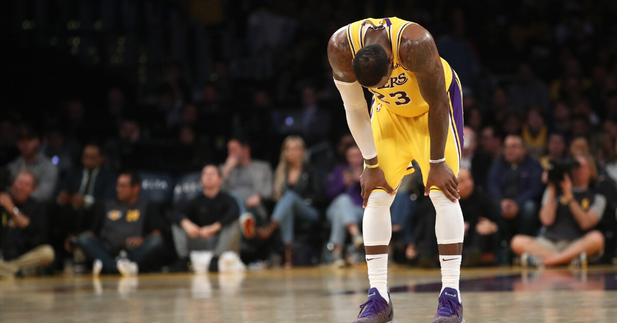 LeBron James of the Los Angeles Lakers looks on during the second half of a game against the LA Clippers at Staples Center on Mar. 04, 2019 in Los Angeles.