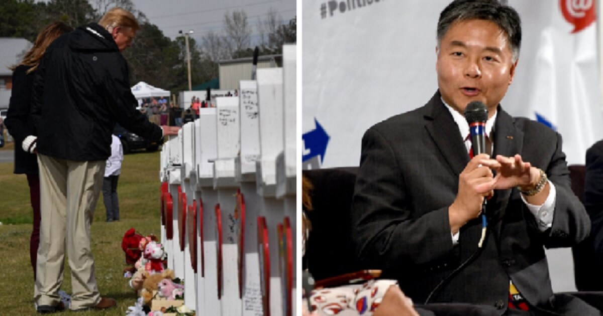 The Trumps at a grave marker, left; Rep. Ted Lieu, right.