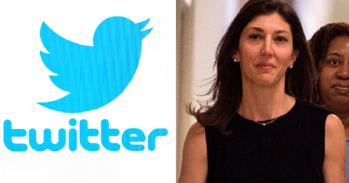 Twitter logo, left; and former FBI attorney Lisa Page, right.