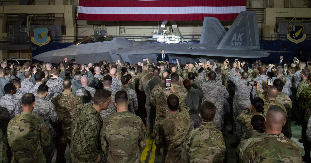 U.S. troops listen to President Trump at Joint Base Elmendorf-Richardson in Anchorage, Alaska, on February 28, 2019.