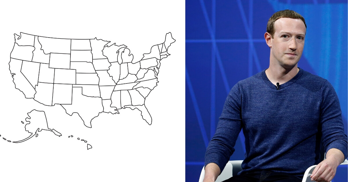 A map of the United States with states outlined, left, and Mark Zuckerberg talks to an audience of people.