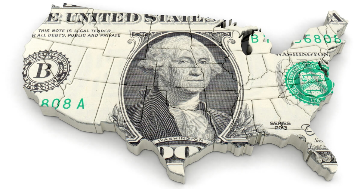Map of the United States with a dollar bill.