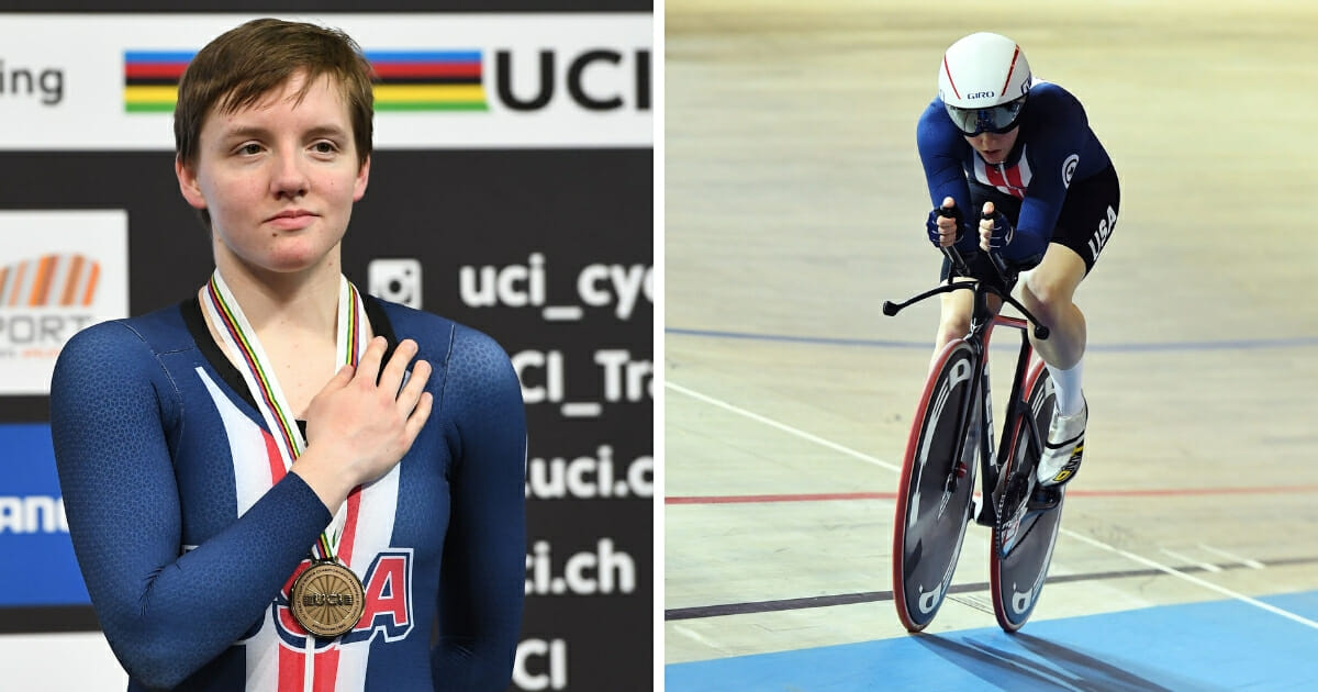 Kelly Catlin posing at the podium of her bronze medal performance after the UCI Track Cycling World Championships on Mar. 3, 2018, left. Catlin competing in the UCI Track Cycling World Championships, right.