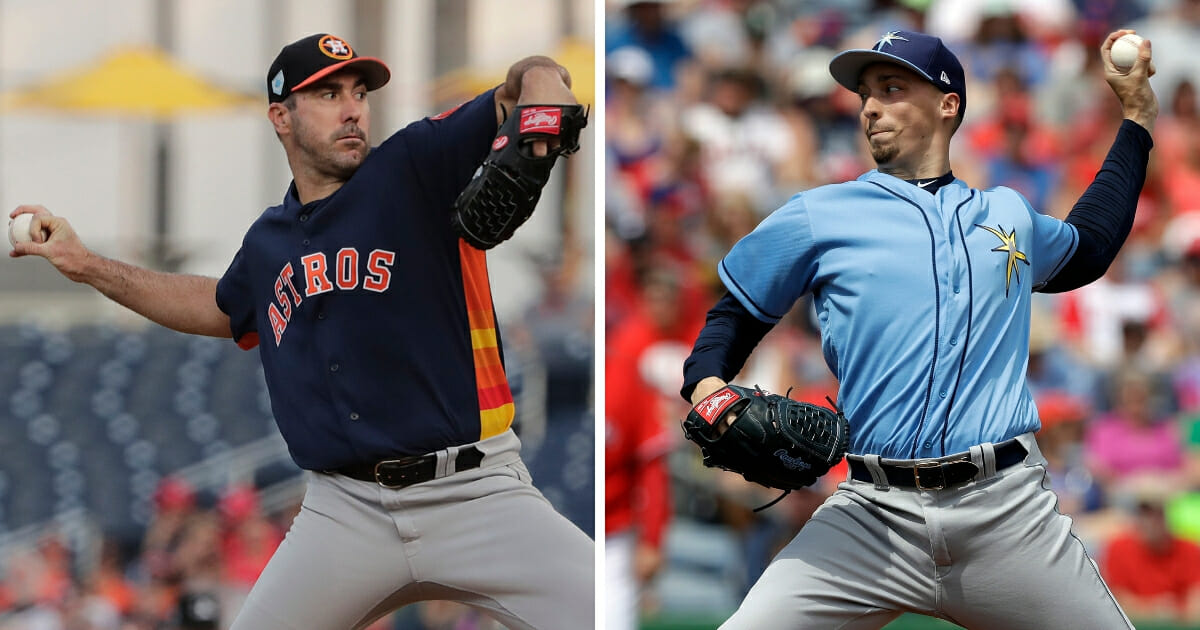 Cy Young Award runner-up Justin Verlander of the Houston Astros, left, will take on winner Blake Snell of the Tampa Bay Rays, right, on Opening Day.