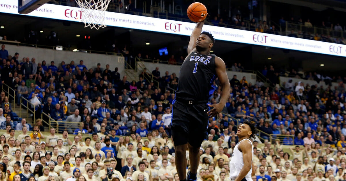 Zion Williamson of the Duke Blue Devils dunks against against the Pittsburgh Panthers at Petersen Events Center on Jan. 22, 2019 in Pittsburgh.
