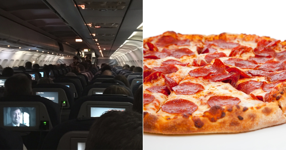 The inside of an airplane, left, and pepperoni pizza, right.