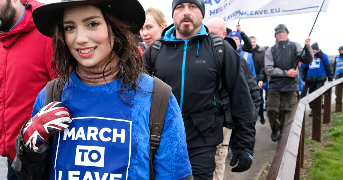 Marchers take part in the first leg of the March to Leave demonstration on March 16, 2019 in Sunderland, England.