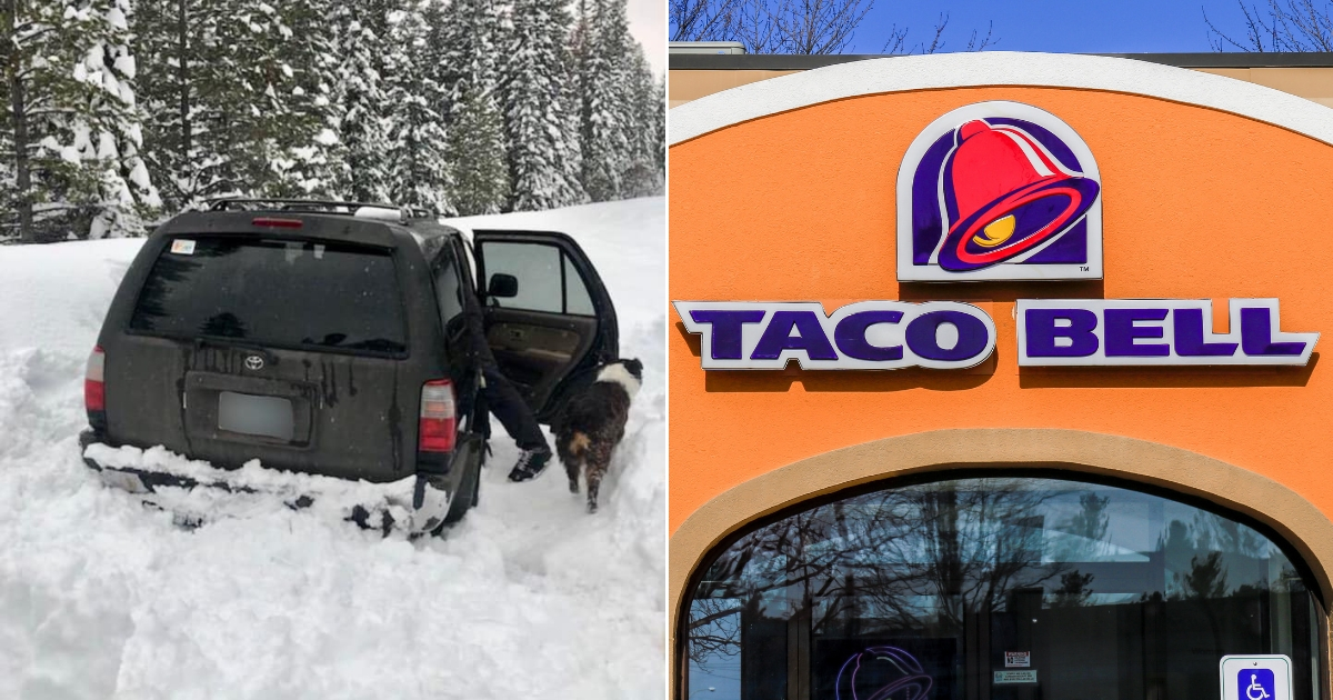 Car stuck in the snow, left, and the outside of a Taco Bell, right.