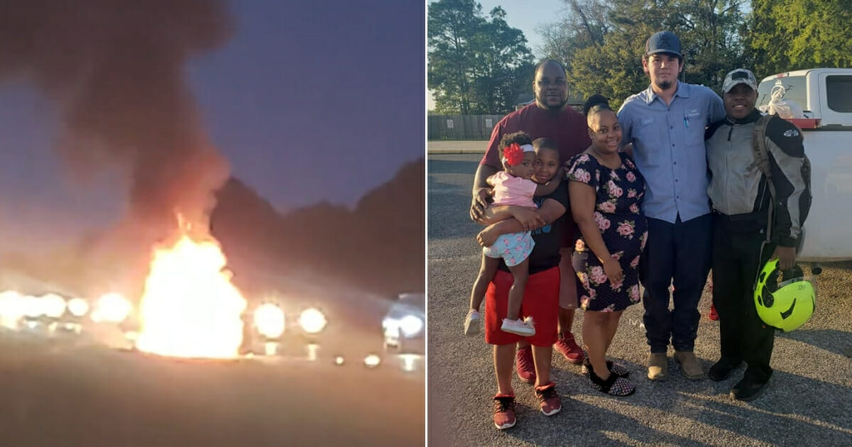 Car on fire, left, and family with hero who saved her life, right.