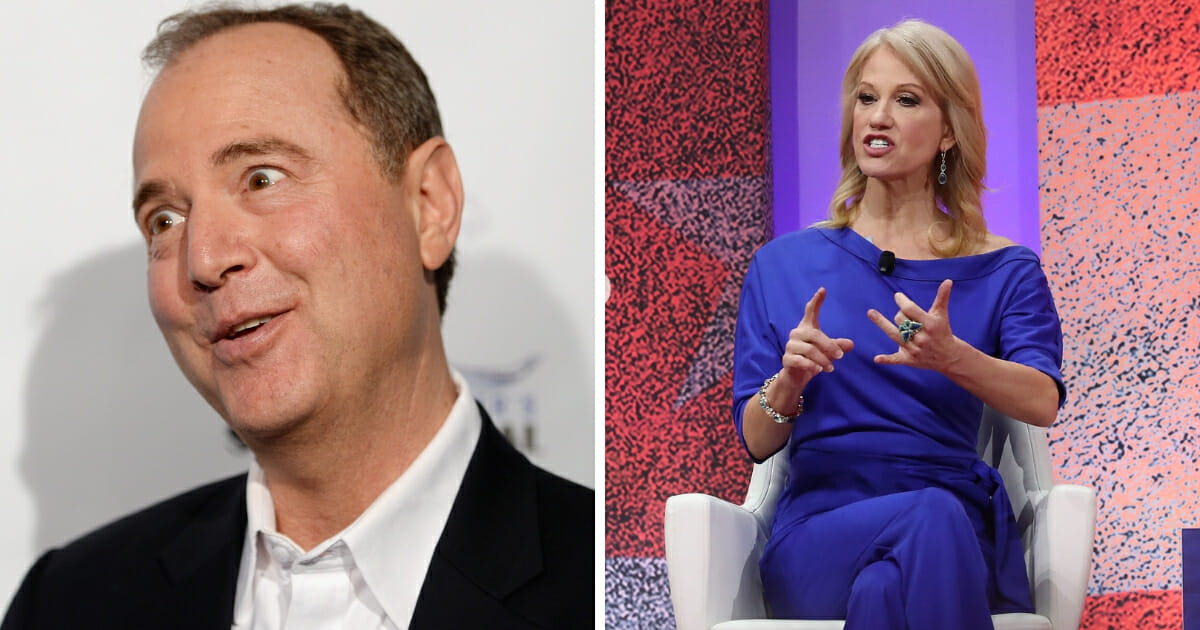 White House counselor Kellyanne Conway, right, speaks about opioid abuse during CPAC 2019. United States Congressman Adam Schiff, left, attends the Los Angeles leg of Stephanie Miller's Sexy Liberal Blue Wave Tour in 2018.