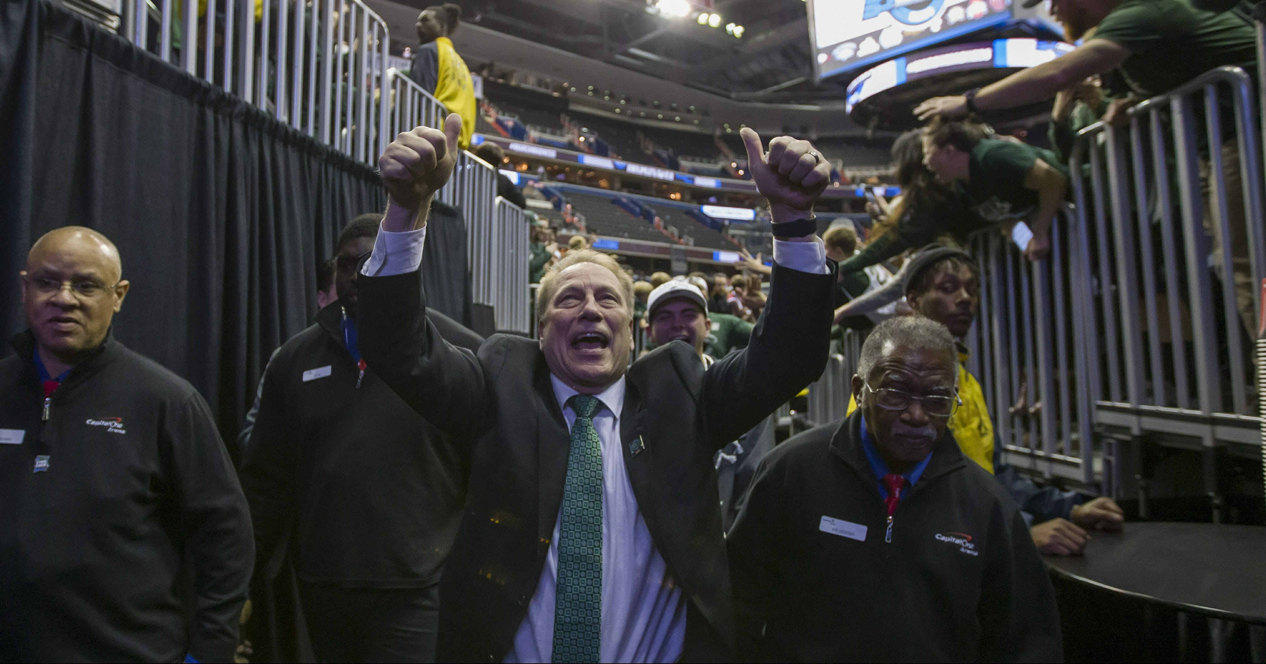 Michigan State head coach Tom Izzo celebrates as he comes off the court after an NCAA men's East Regional final college basketball game against Duke in Washington, Sunday, March 31, 2019.
