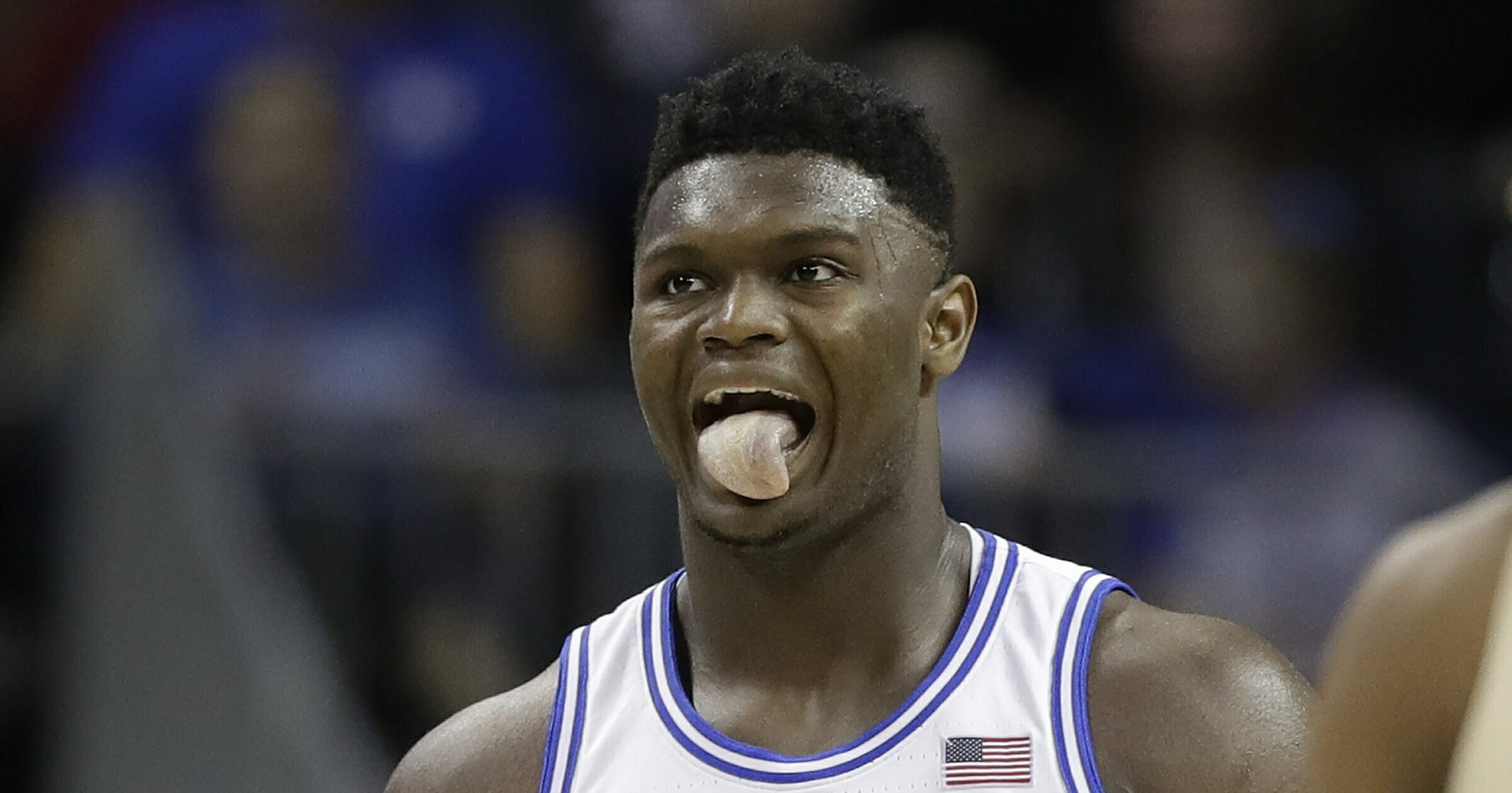 Duke's Zion Williamson reacts during the second half against Florida State in the NCAA college basketball championship game of the Atlantic Coast Conference tournament in Charlotte, N.C., Saturday, March 16, 2019.