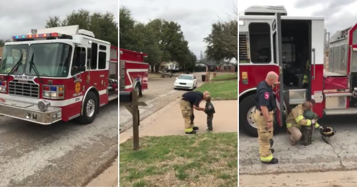 Firetruck, left, firefighter shaking little boy's hand, center, and little boy hugging his dad, right.